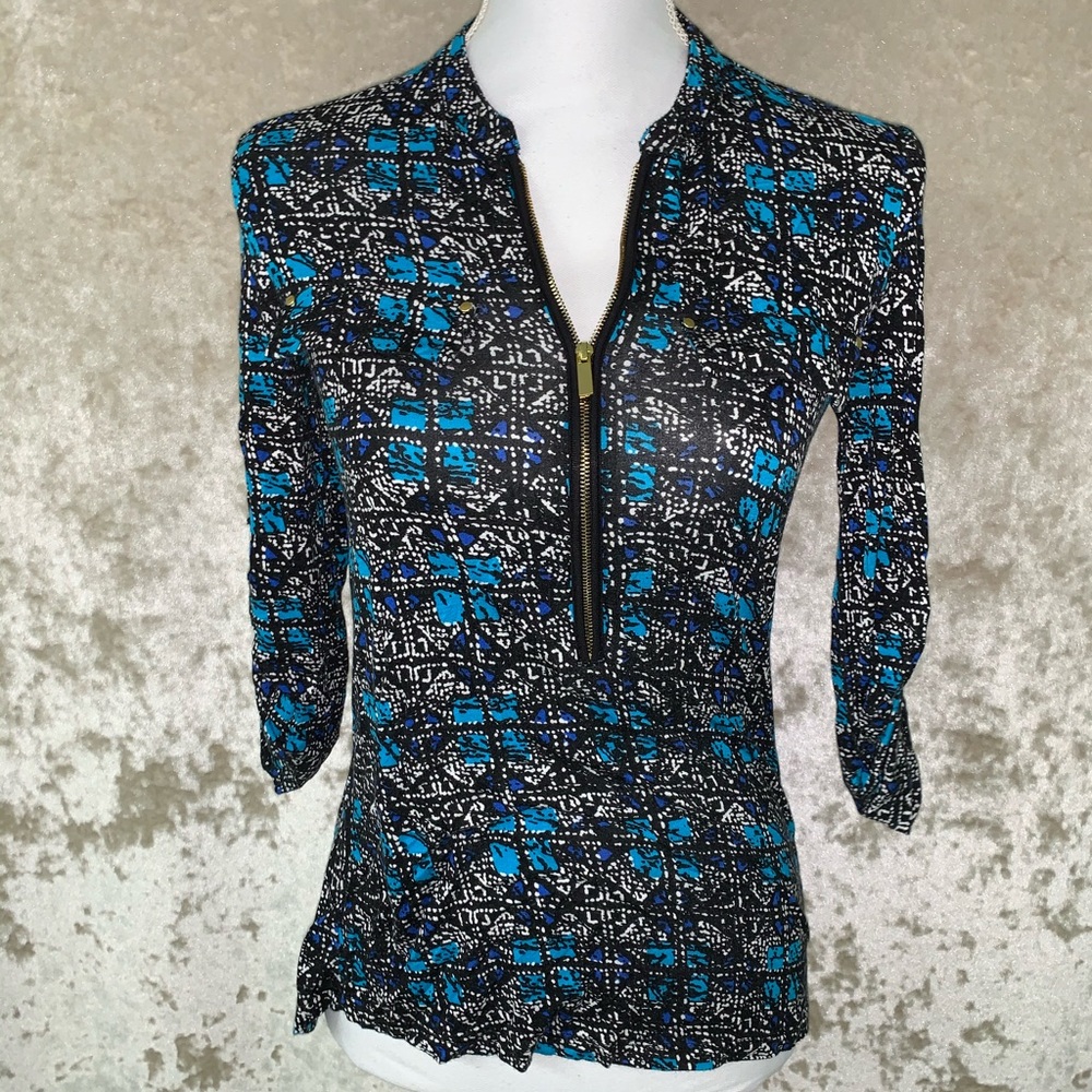 Blue, Black & White Top with Gold Zipper
